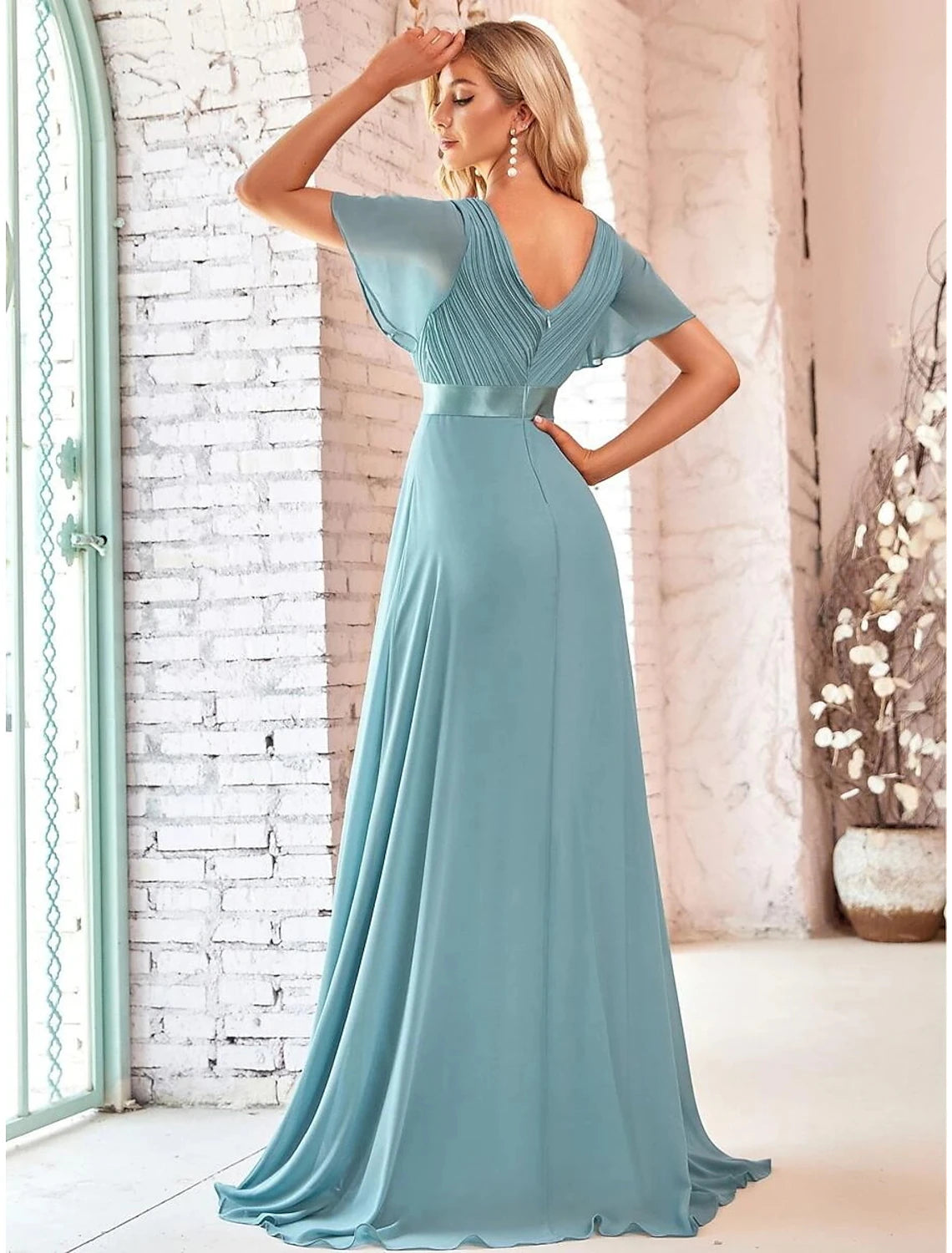 wholesale  A-Line Evening Gown Empire Dress Wedding Guest Floor Length Short Sleeve V Neck Chiffon V Back with Ruffles Pure Color