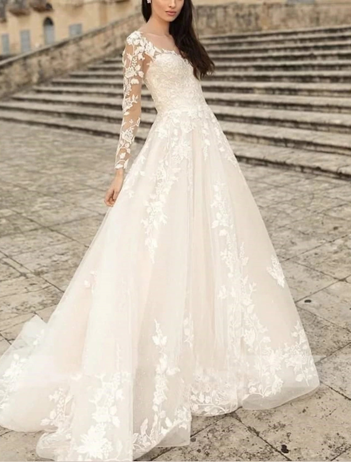 Wholesa Beach Formal Wedding Dresses A-Line V Neck Long Sleeve Sweep / Brush Train Lace Bridal Gowns With Flower Solid Color