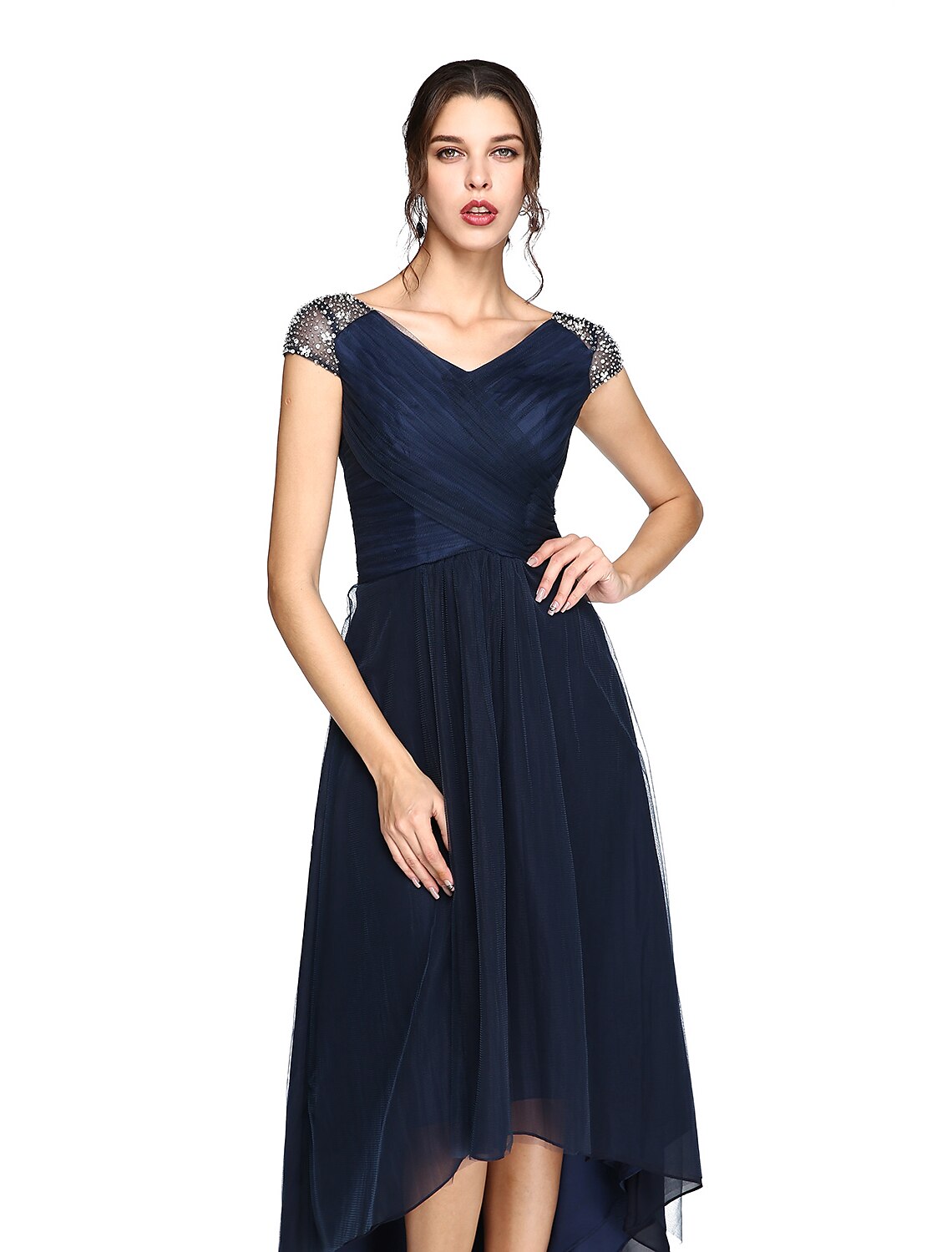 Wholesa Sheath / Column Minimalist Dress Wedding Guest Prom Asymmetrical Short Sleeve V Neck Bridesmaid Dress Tulle V Back with Criss Cross Pleats Beading