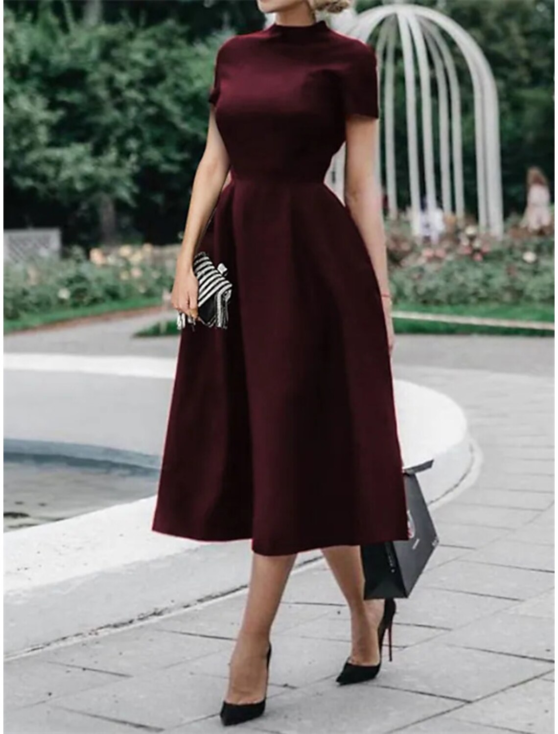 Wholesa A-Line Wedding Guest Dresses Minimalist Dress Party Dress Wedding Party Tea Length Short Sleeve High Neck Stretch Satin with Pleats Pure Color