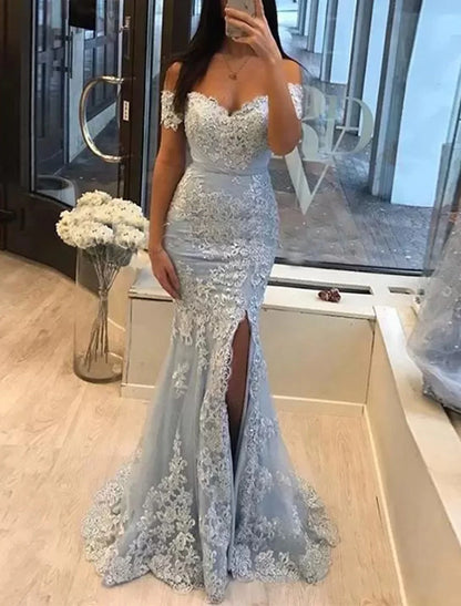 Wholesa Mermaid Party Dress Prom Dresses Luxurious Dress Formal Wedding Guest Sweep / Brush Train Sleeveless Off Shoulder Tulle with Slit Appliques