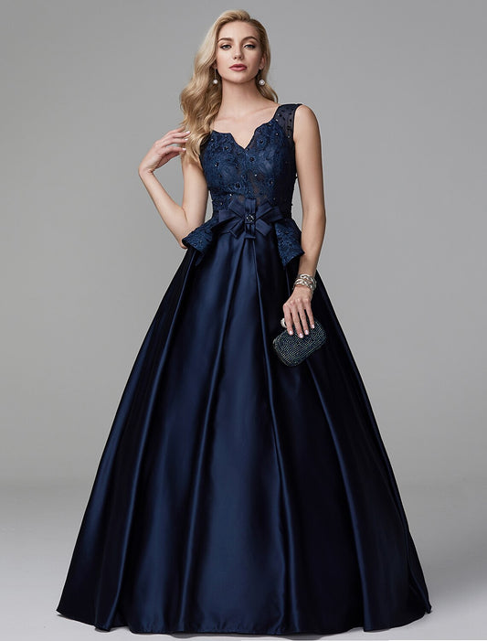 Wholesa Ball Gown Peplum Quinceanera Formal Evening Dress V Neck Sleeveless Floor Length Lace with Bow(s) Beading