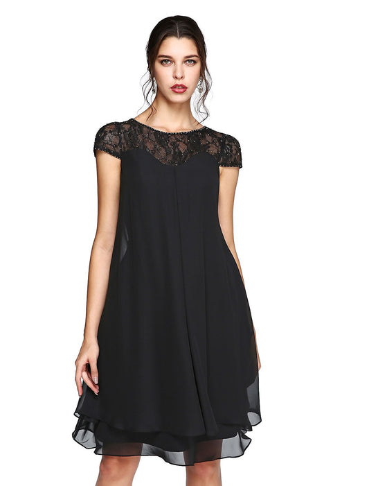 Wholesa A-Line Mother of the Bride Dress Plus Size Elegant Illusion Neck Knee Length Chiffon Lace Short Sleeve with Sequin