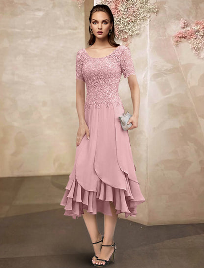 wholesale  Mermaid / Trumpet Mother of the Bride Dress Elegant High Low Jewel Neck Asymmetrical Tea Length Chiffon Lace Short Sleeve Wrap Included with Lace Ruffles