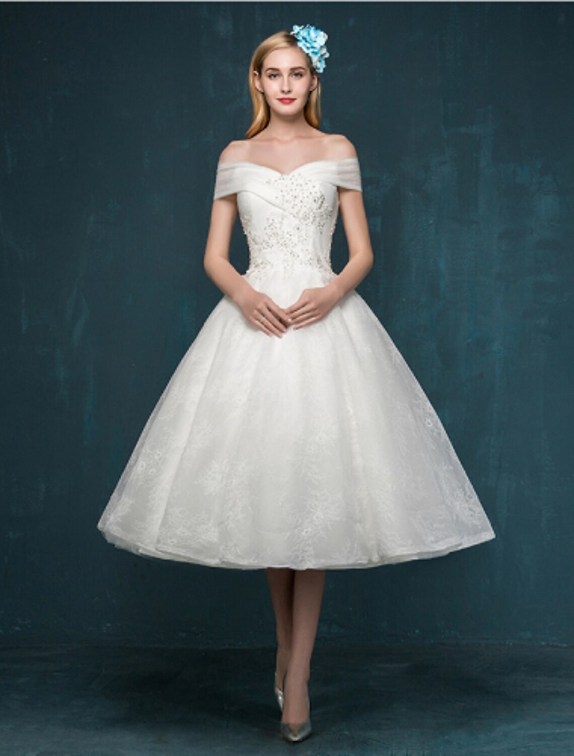 Wholesale Reception Little White Dresses Wedding Dresses A-Line Off Shoulder Cap Sleeve Tea Length Lace Bridal Gowns With Beading Sequin Summer Wedding Party