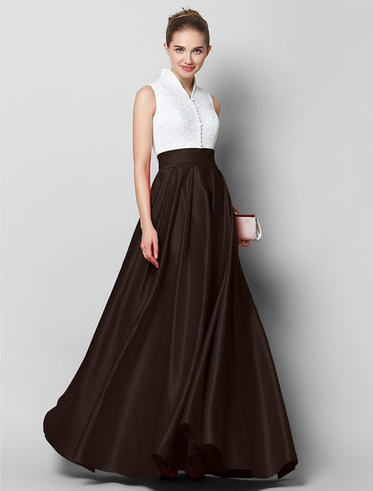 Wholesale A-Line Elegant & Luxurious Color Block Formal Evening Black Tie Gala Dress High Neck Sleeveless Floor Length Lace with Pleats