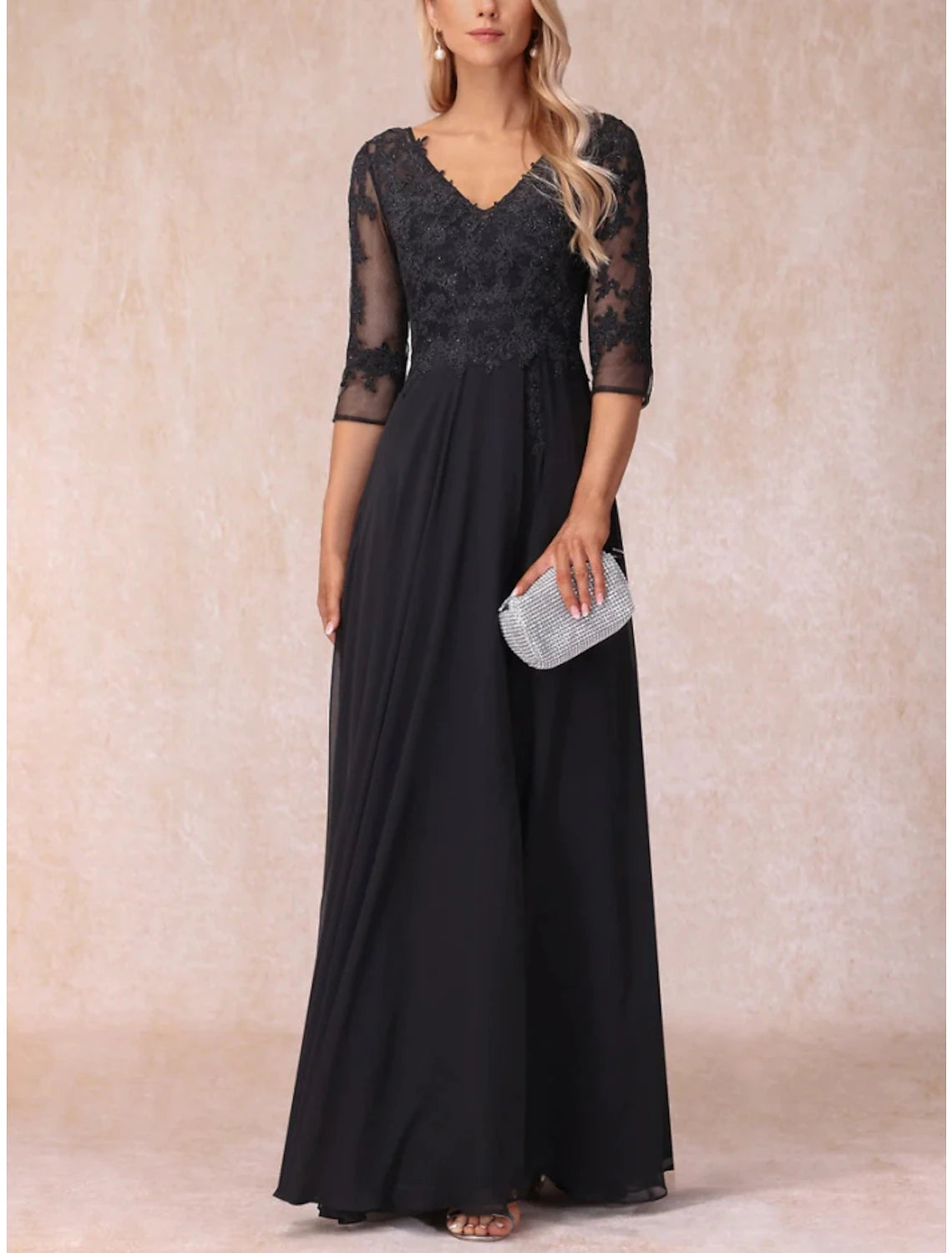 Wholesa A-Line Mother of the Bride Dress Wedding Guest Elegant V Neck Floor Length Chiffon Lace 3/4 Length Sleeve with Ruching Solid Color