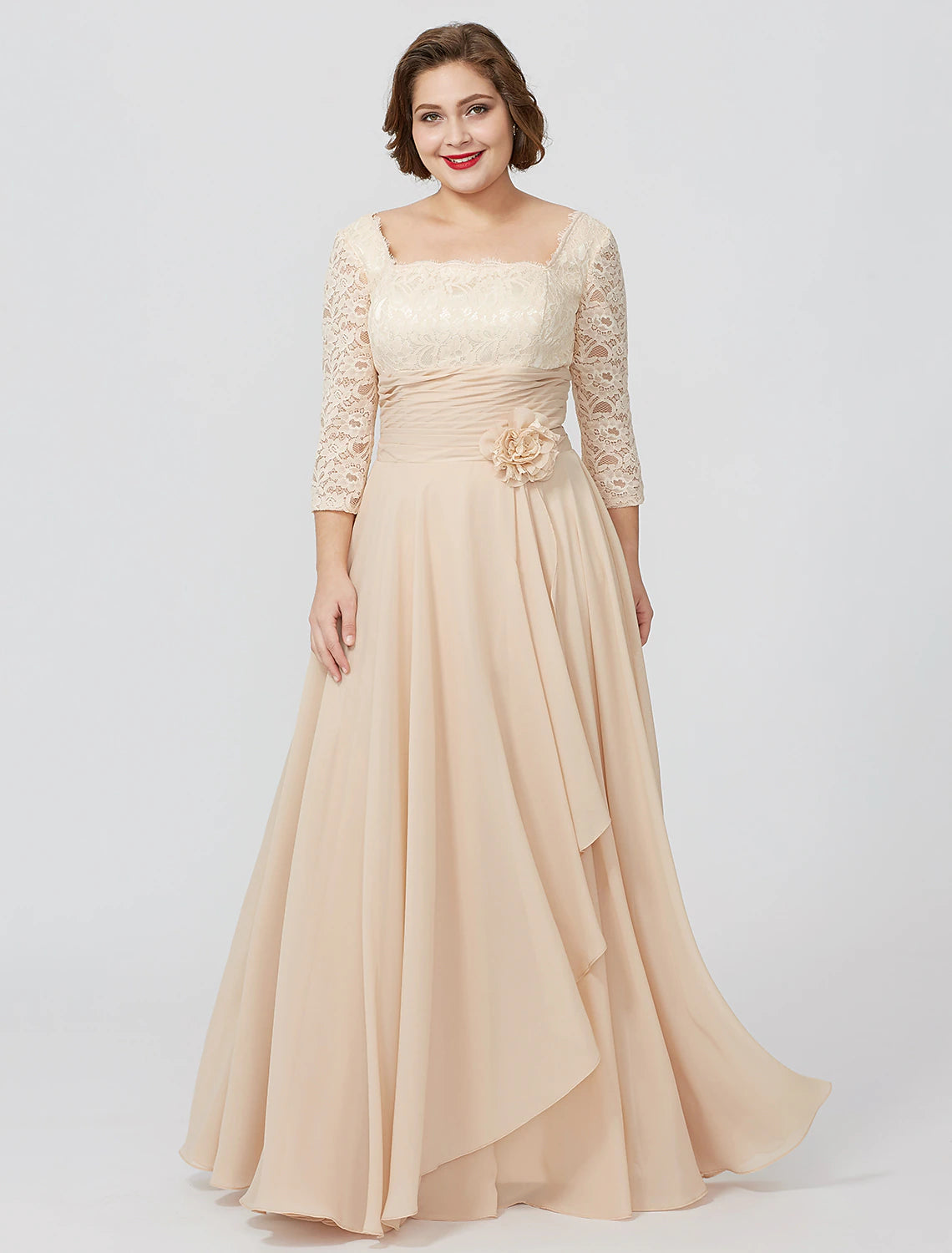 Wholesa  Sheath / Column Mother of the Bride Dress Formal Classic & Timeless Elegant & Luxurious Plus Size Square Neck Floor Length Chiffon Metallic Lace 3/4 Length Sleeve No with Sash / Ribbon Flower