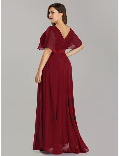 wholesale A-Line Mother of the Bride Dress Plus Size Elegant V Neck Floor Length Chiffon Short Sleeve with Sash / Ribbon Ruching