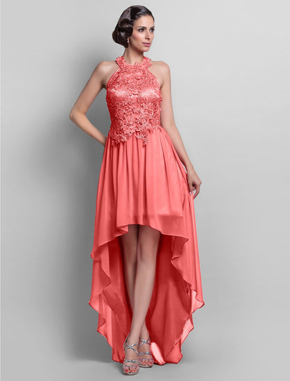 wholesale   Sheath / Column Elegant Dress Wedding Guest Asymmetrical Sleeveless Halter Chiffon Backless with Appliques