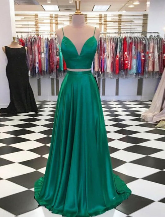 wholesale  Two Piece Prom Dresses Sexy Dress Formal Sweep / Brush Train Sleeveless Spaghetti Strap Charmeuse with Bow(s) Slit