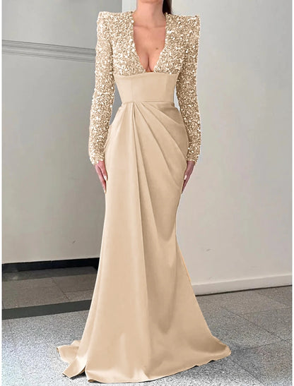 Wholesa Mermaid / Trumpet Evening Gown Elegant Dress Formal Sweep / Brush Train Long Sleeve V Neck Satin with Pleats Sequin