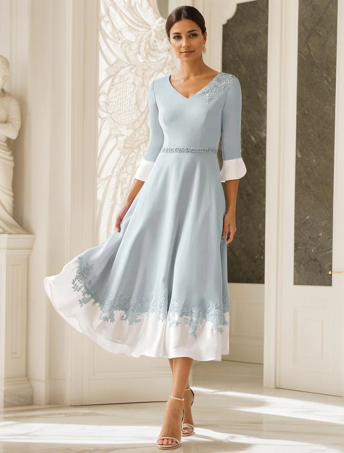 Wholesale A-Line V Neck Wedding Guest Mother of the Bride Dress Elegant Tea Length Stretch Half Sleeve with Appliques