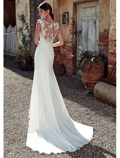 Wholesale Beach Open Back Wedding Dresses Mermaid / Trumpet Illusion Neck Cap Sleeve Court Train Chiffon Outdoor Bridal Gowns With Appliques Summer Fall Wedding Party