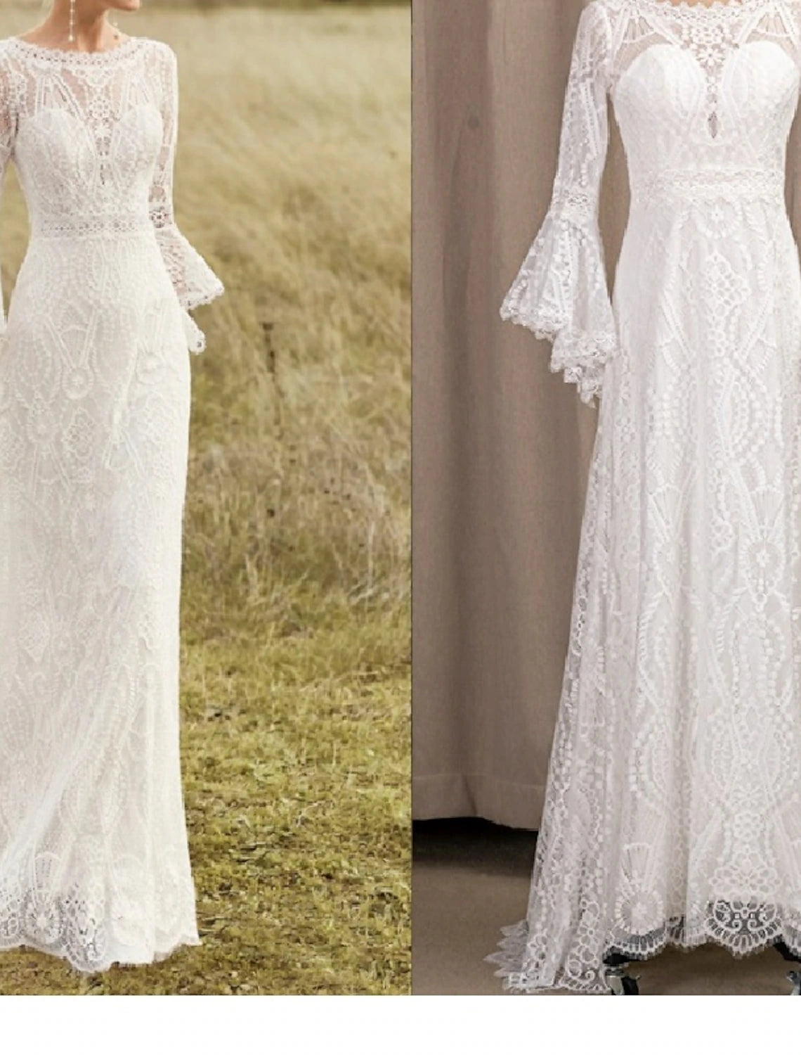 Wholesale Beach Boho Wedding Dresses A-Line Scoop Neck Long Sleeve Sweep / Brush Train Lace With Lace Summer Wedding Party