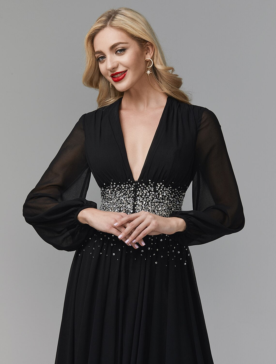 Wholesa A-Line Evening Dress Celebrity Red Carpet Formal Gown Party Dress Black Tie Wedding Guest Floor Length Long Sleeve V Neck Chiffon with Sequin