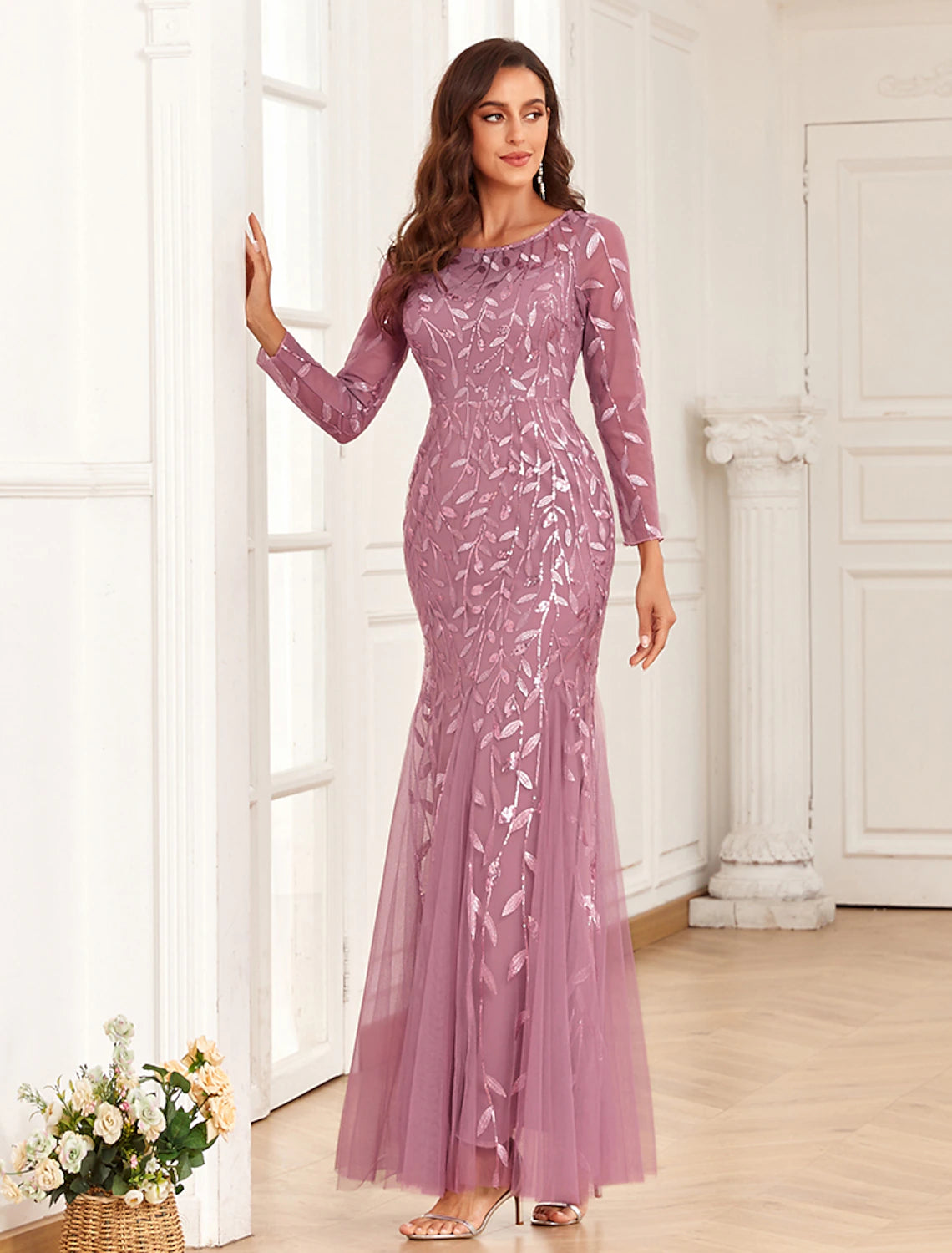 Wholesa  Mermaid / Trumpet Evening Gown Elegant Dress Wedding Guest Prom Floor Length Long Sleeve Jewel Neck Tulle with Embroidery