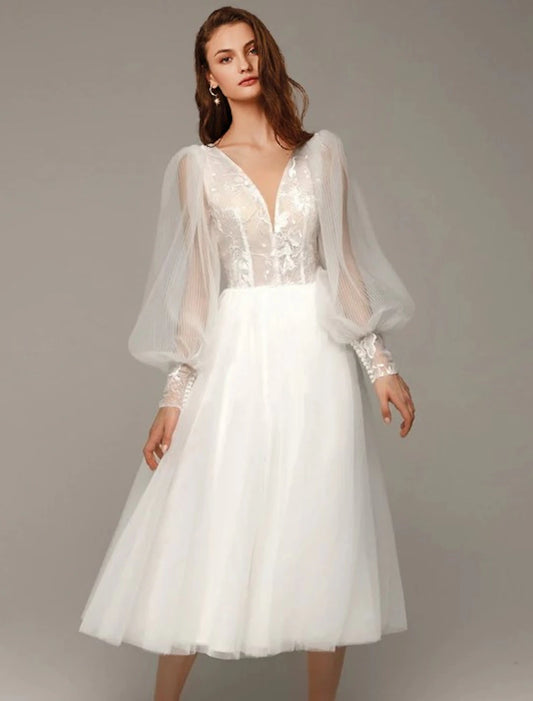 Wholesale Hall Vintage 1940s / 1950s Little White Dresses Wedding Dresses A-Line V Neck Long Sleeve Tea Length Satin Bridal Gowns With Appliques Solid Color 2023 Summer Wedding Party