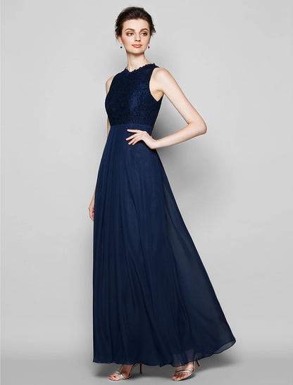 Wholesa Sheath / Column Bridesmaid Dress Jewel Neck Sleeveless Elegant Floor Length Chiffon / Lace with Lace