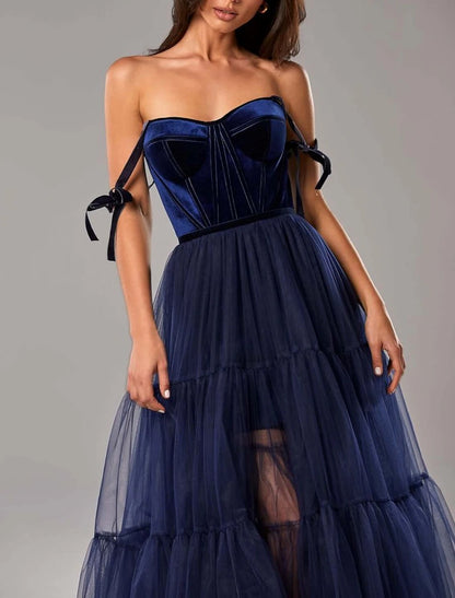 wholesale  A-Line Prom Dresses Elegant Dress Wedding Guest Tea Length Sleeveless Strapless Tulle with Pleats Pure Color