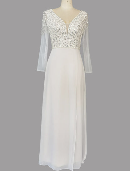 wholesale  A-Line Evening Gown Glittering Dress Engagement Sweep / Brush Train Short Sleeve V Neck Chiffon with Sequin Slit