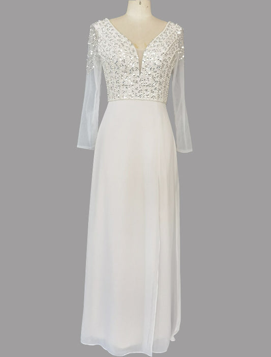 Aimishang  A-Line Evening Gown Glittering Dress Engagement Sweep / Brush Train Short Sleeve V Neck Chiffon with Sequin Slit