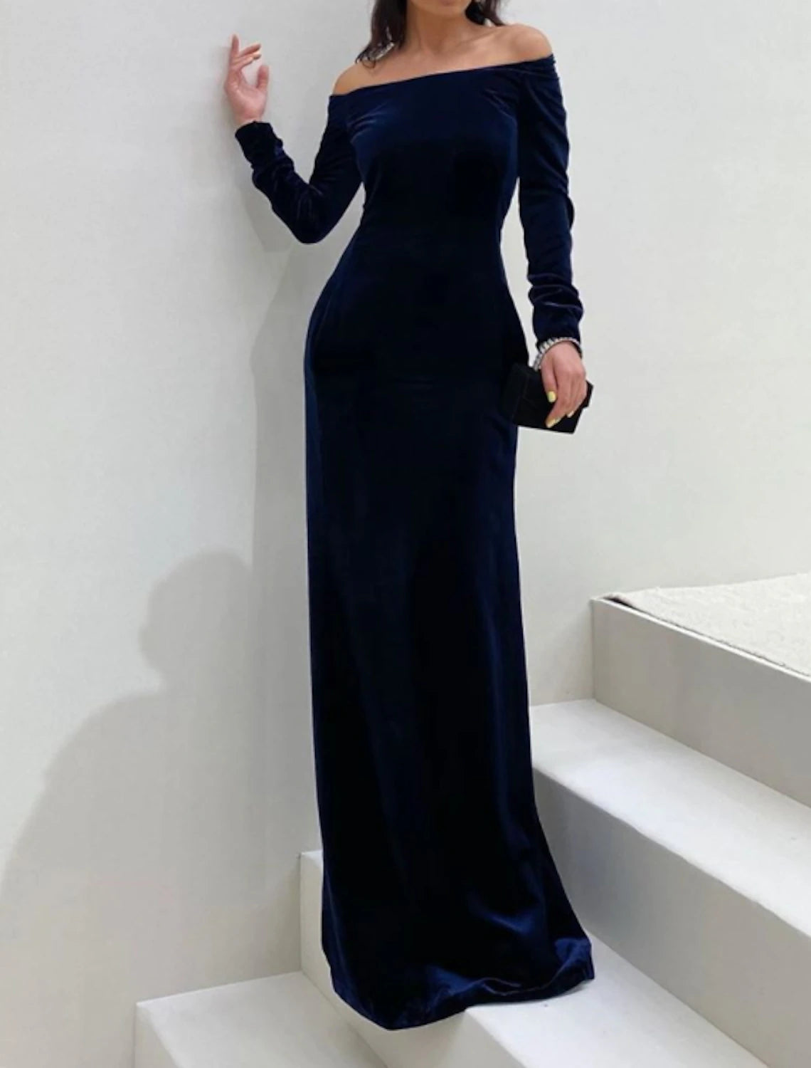 Wholesa Sheath / Column Evening Gown Elegant Dress Formal Evening Floor Length Long Sleeve Off Shoulder Fall Wedding Guest Velvet with Sleek