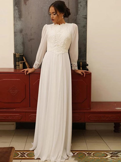 Wholesa  A-Line/Princess Chiffon Lace Jewel Long Sleeves Floor-Length Wedding Dresses