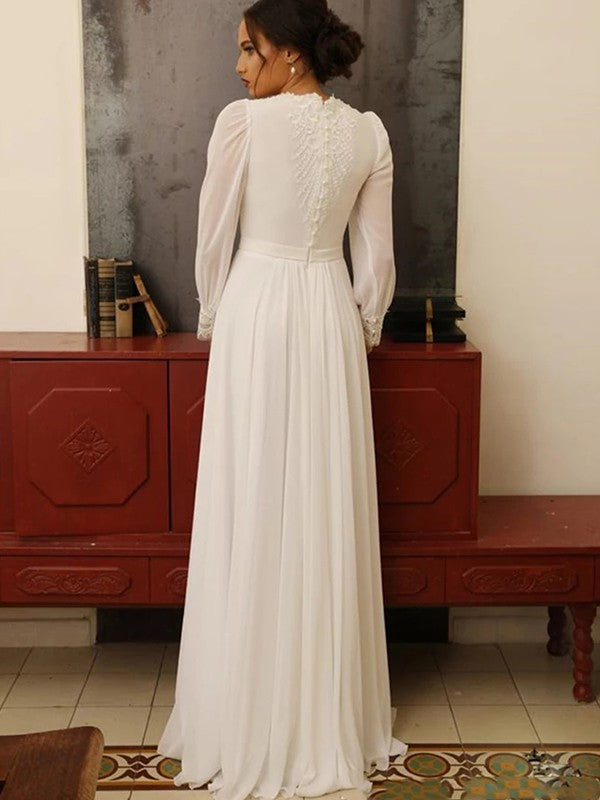 Wholesa  A-Line/Princess Chiffon Lace Jewel Long Sleeves Floor-Length Wedding Dresses