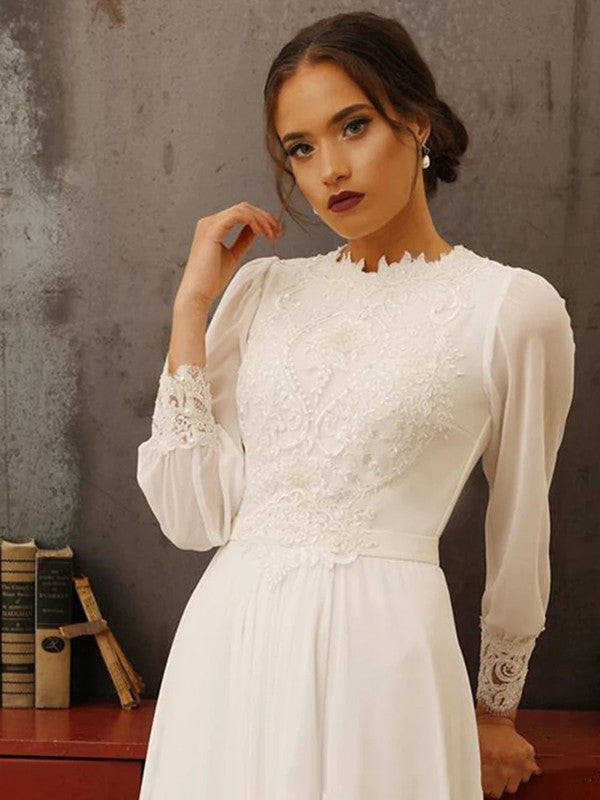 Wholesa  A-Line/Princess Chiffon Lace Jewel Long Sleeves Floor-Length Wedding Dresses