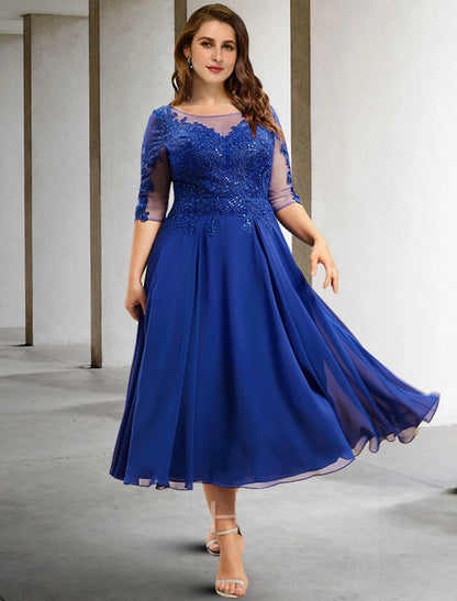 Wholesa  A-Line Mother of the Bride Dresses Plus Size Hide Belly Curve Elegant Dress Formal Tea Length Half Sleeve Jewel Neck Chiffon with Pleats Sequin Appliques Fall