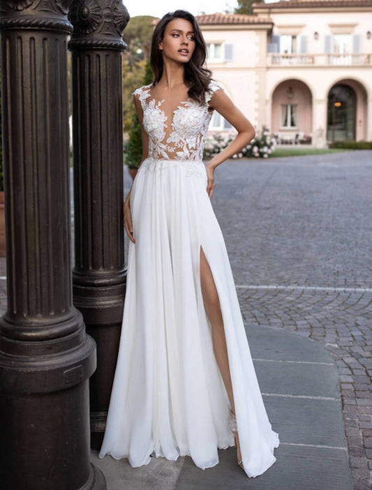 Wholesale Beach Open Back Wedding Dresses A-Line Illusion Neck Cap Sleeve Sweep / Brush Train Chiffon Bridal Gowns With Appliques Split Front 2023 Summer Wedding Party