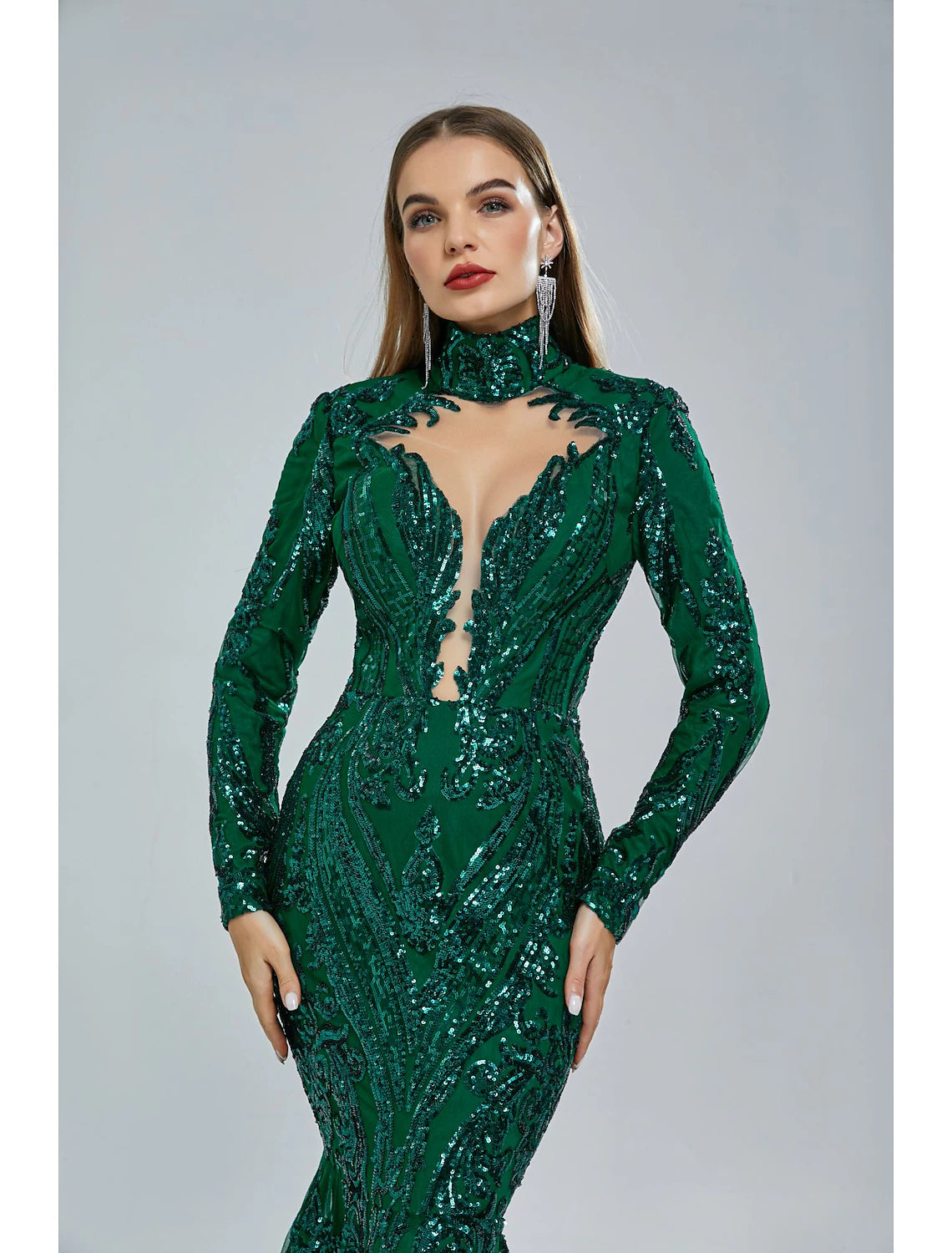 wholesale  Mermaid / Trumpet Evening Gown Elegant Dress Engagement Court Train Long Sleeve Stand Collar Lace with Sequin