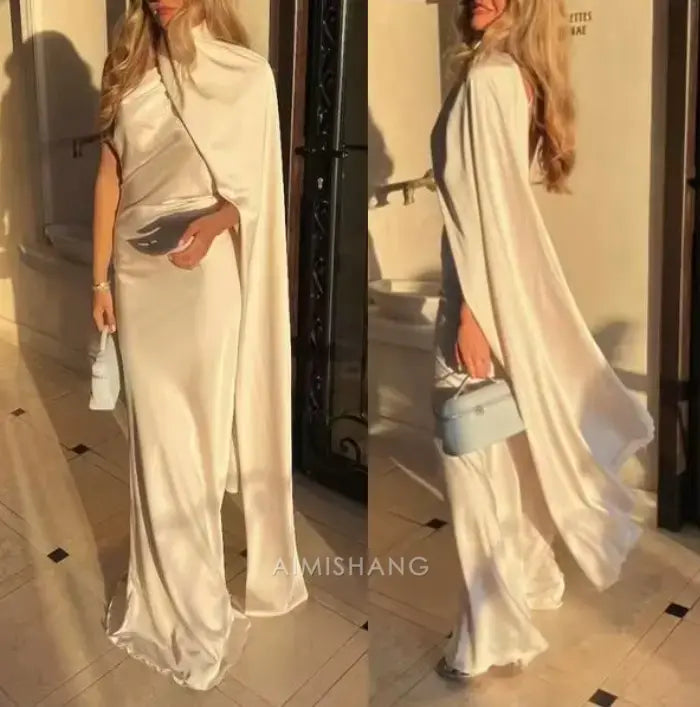 Aimishang Elegant Halter Sleeveless Satin Long Formal Prom Dress Simple Party Evening Gowns Women's Fashion Wedding Guest Dress