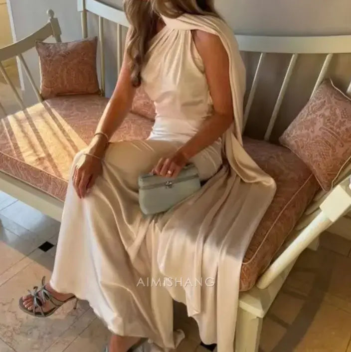 Aimishang Elegant Halter Sleeveless Satin Long Formal Prom Dress Simple Party Evening Gowns Women's Fashion Wedding Guest Dress