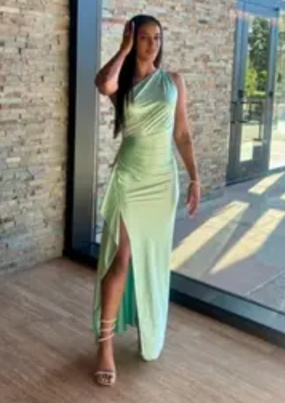 Aimishang Elegant One Shoulder Sleeveless Satin Formal Prom Dress Simple Party Graduation Dress With Slit