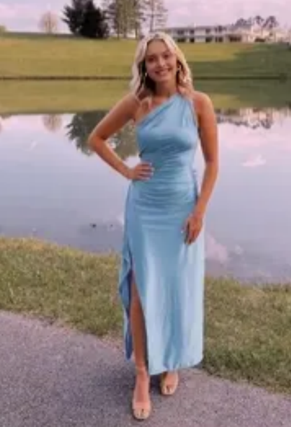 Aimishang Elegant One Shoulder Sleeveless Satin Formal Prom Dress Simple Party Graduation Dress With Slit