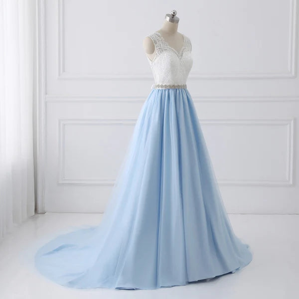 A-line Sweetheart Chapel Train Tulle Lace Beaded Wedding Dresses Light Blue Prom Dress Wholesale