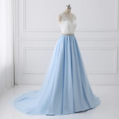 A-line Sweetheart Chapel Train Tulle Lace Beaded Wedding Dresses Light Blue Prom Dress Wholesale