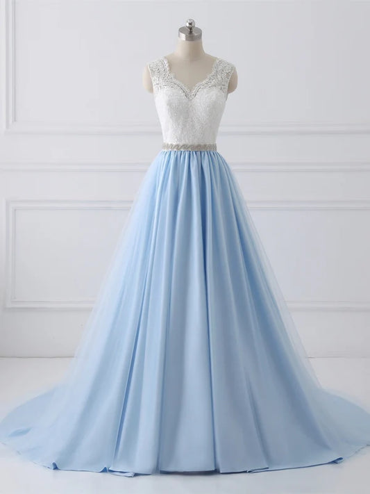 A-line Sweetheart Chapel Train Tulle Lace Beaded Wedding Dresses Light Blue Prom Dress Wholesale