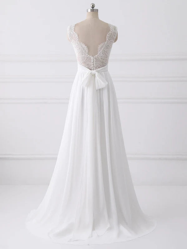 Aimishang Elegant A-line Sleeveless Sweep Train Wedding Dresses With Bow Romantic Bridal Gown