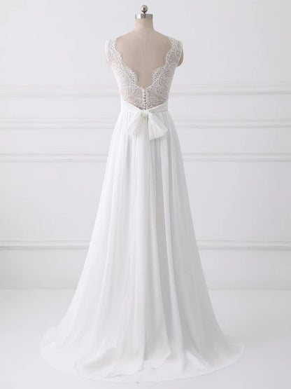 Aimishang Elegant A-line Sleeveless Sweep Train Wedding Dresses With Bow Romantic Bridal Gown