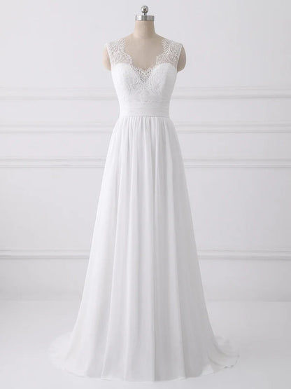 Aimishang Elegant A-line Sleeveless Sweep Train Wedding Dresses With Bow Romantic Bridal Gown