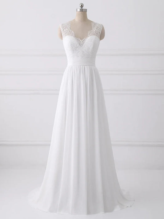 Aimishang Elegant A-line Sleeveless Sweep Train Wedding Dresses With Bow Romantic Bridal Gown