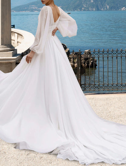 Wholesa Beach Sexy Wedding Dresses A-Line V Neck Long Sleeve Court Train Chiffon Bridal Gowns With Pleats Split Front