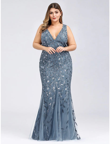 Wholesa  Mermaid / Trumpet Plus Size Sexy Prom Formal Evening Dress V Neck Sleeveless Floor Length Tulle with Appliques