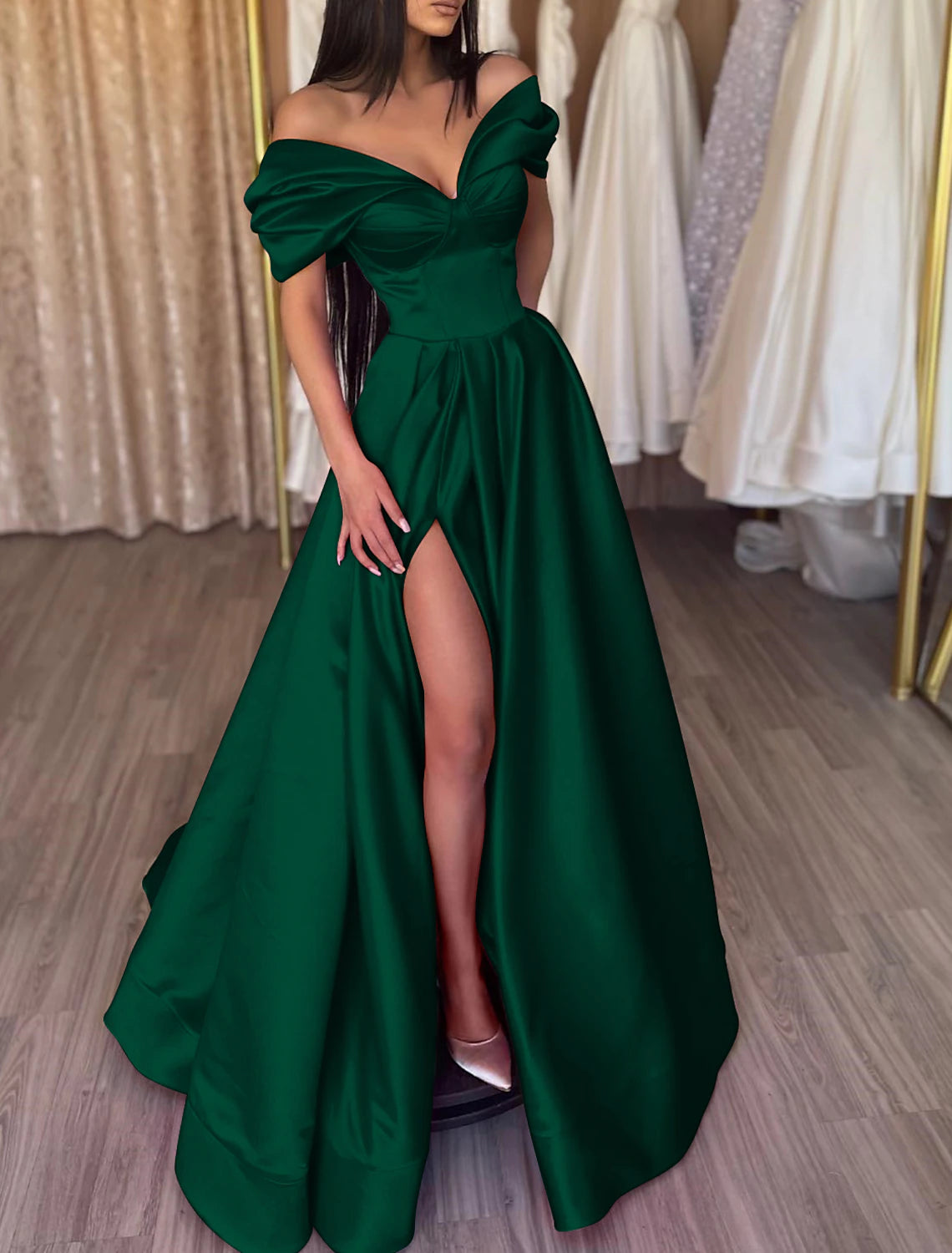 Wholesa A-Line Evening Gown Party Dress Sexy Dress Prom Birthday Floor Length Short Sleeve Off Shoulder Satin with Slit Pure Color