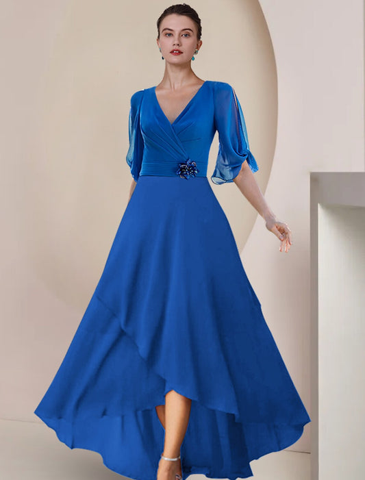 Wholesale A-Line Mother of the Bride Dress Wedding Guest Party Elegant V Neck Asymmetrical Chiffon Half Sleeve with Crystal Brooch Ruching