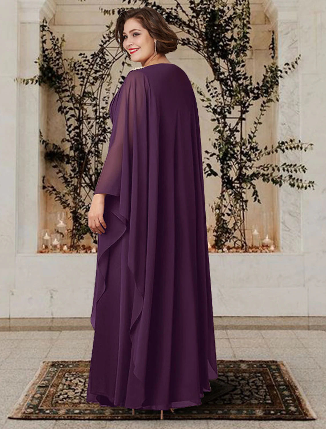 Wholesa  A-Line Mother of the Bride Dress Plus Size Elegant V Neck Floor Length Chiffon Long Sleeve with Pleats Crystals