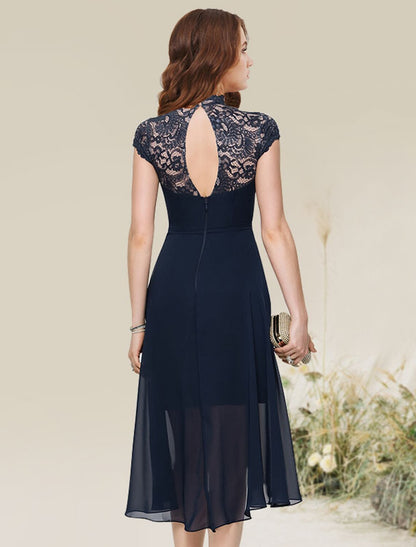 wholesale  A-Line Cocktail Dresses Flirty Dress Homecoming Asymmetrical Sleeveless Jewel Neck Chiffon with Lace Insert